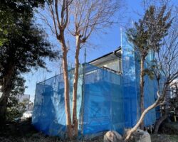 【本日の現場】障害物があっても大丈夫！小屋の上の補強・養生と足場組立
